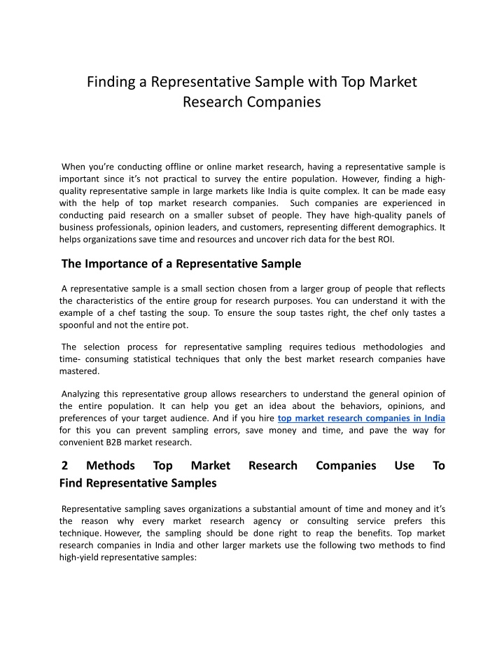 finding a representative sample with top market