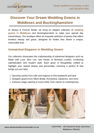 Discover Your Dream Wedding Gowns in Middlesex and Buckinghamshire