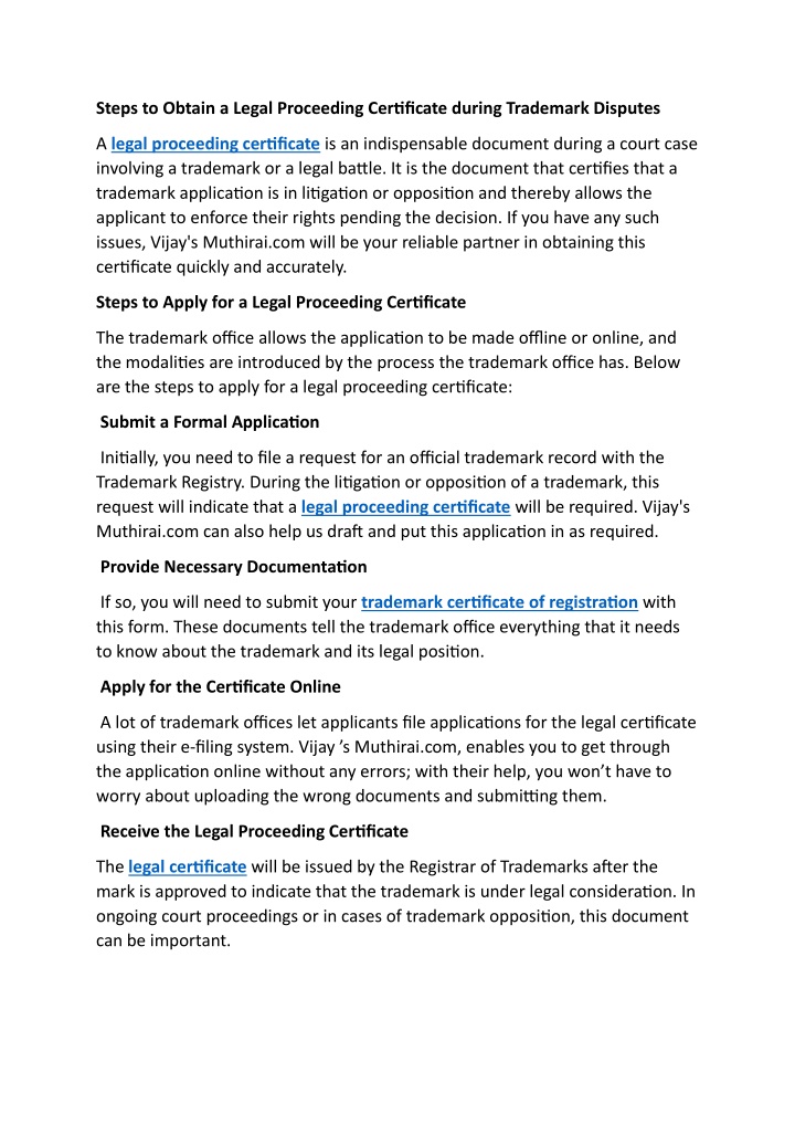 steps to obtain a legal proceeding certificate
