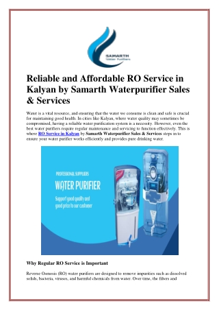 Reliable and Affordable RO Service in Kalyan by Samarth Waterpurifier Sales & Se