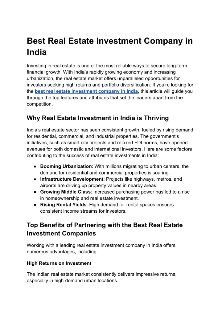 best real estate investment company in india