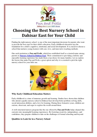 "Choosing the Best Nursery School in Dahisar East for Your Child’s Future