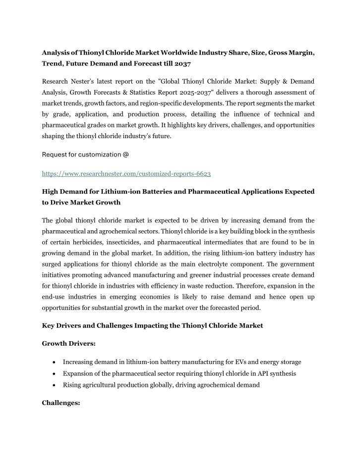 analysis of thionyl chloride market worldwide