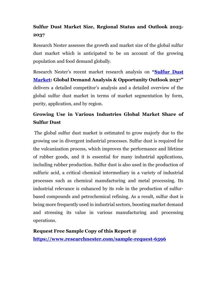 sulfur dust market size regional status