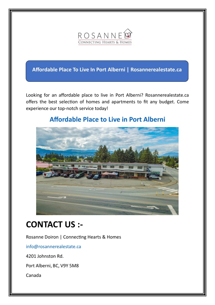 affordable place to live in port alberni