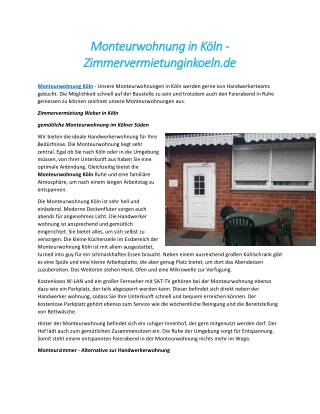 Monteurwohnung in Köln - Zimmervermietunginkoeln.de