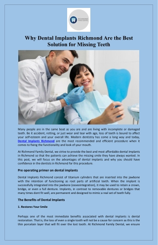 Why Dental Implants Richmond Are the Best Solution for Missing Teeth