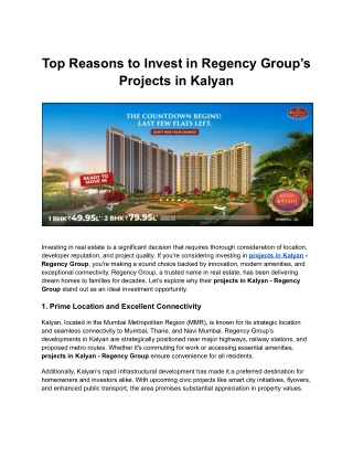 Top Reasons to Invest in Regency Group’s Projects in Kalyan