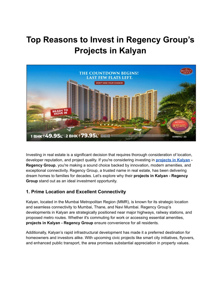 top reasons to invest in regency group s projects