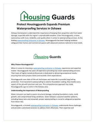 Protect Housingguards Expands Premium Waterproofing Services in Oshawa