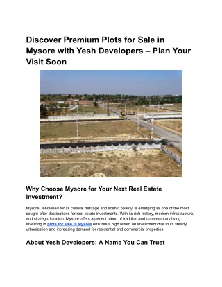 Discover Premium Plots for Sale in Mysore with Yesh Developers – Plan Your Visit Soon