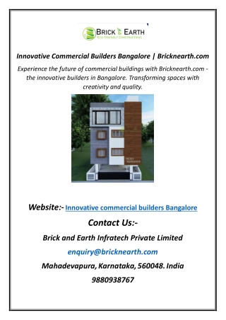 Innovative Commercial Builders Bangalore  Bricknearth.com