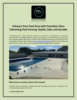 Enhance Your Pool Area with Frameless Glass Swimming Pool Fencing Stylish, Safe, and Durable