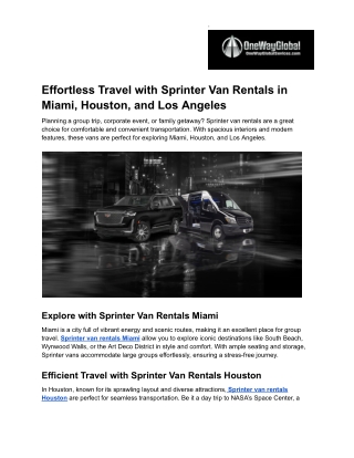 Effortless Travel with Sprinter Van Rentals in Miami, Houston, and Los Angeles
