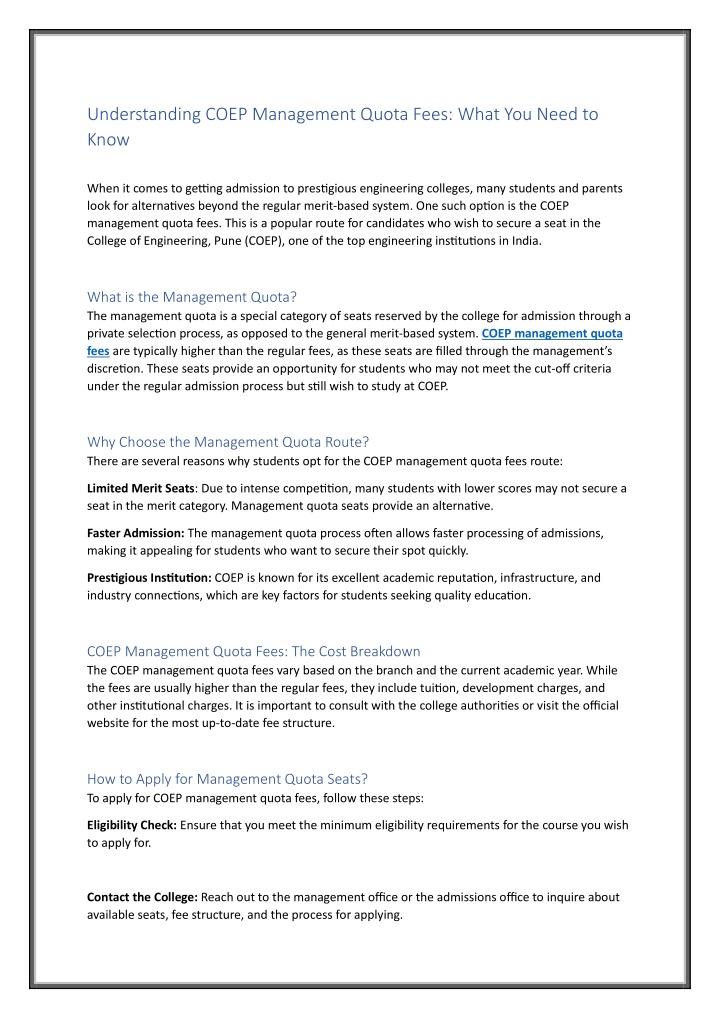 understanding coep management quota fees what