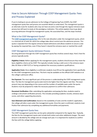 How to Secure Admission Through COEP Management Quota Fees and Process Explained