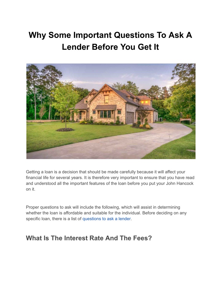 why some important questions to ask a lender