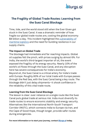 The Fragility of Global Trade Routes Learning from the Suez Canal Blockage