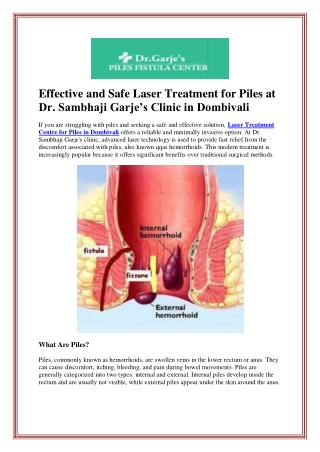 Effective and Safe Laser Treatment for Piles at Dr. Sambhaji Garje’s Clinic in D