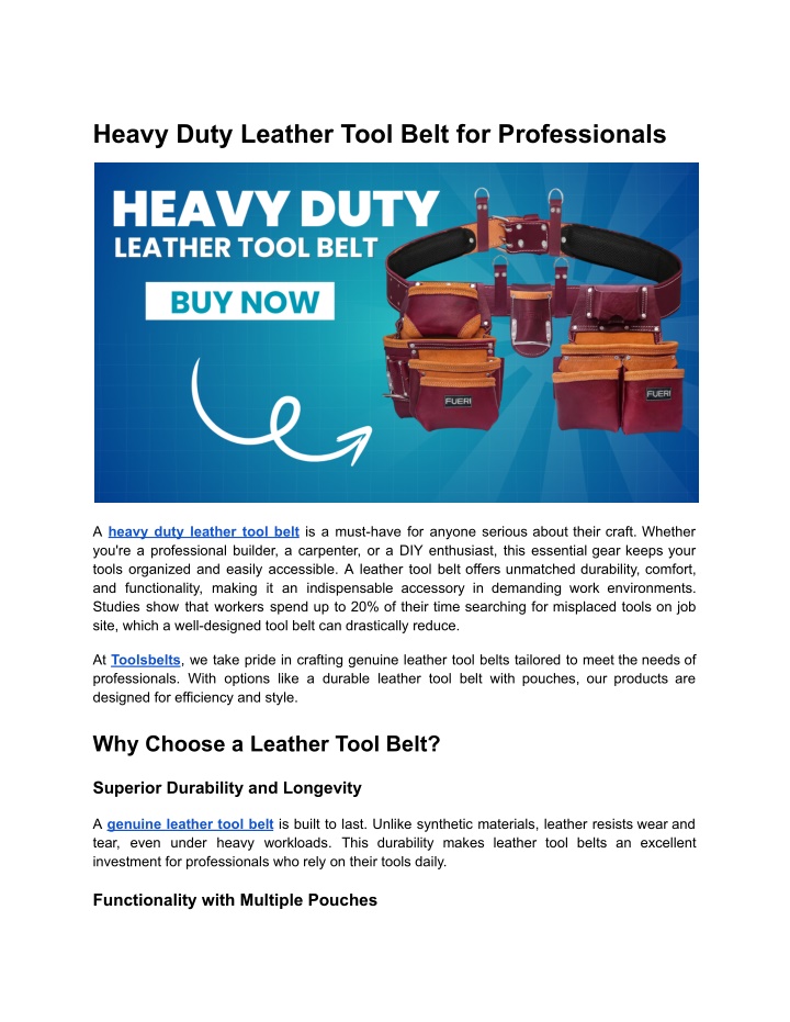 heavy duty leather tool belt for professionals