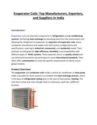 Evaporator Coils Top Manufacturers, Exporters, and Suppliers in India