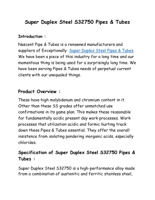 Super Duplex Steel S32750 Pipes & Tubes Stockists In India