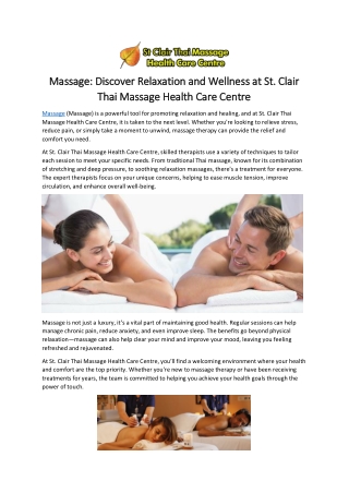 Massage: Discover Relaxation and Wellness at St. Clair Thai Massage Health Care Centre