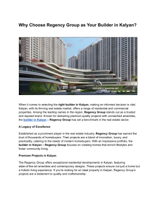 Why Choose Regency Group as Your Builder in Kalyan