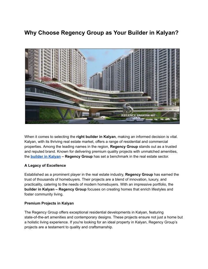 why choose regency group as your builder in kalyan