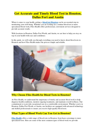 Get Accurate and Timely Blood Test in Houston, Dallas Fort and Austin