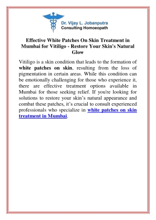 Effective White Patches On Skin Treatment in Mumbai for Vitiligo  Restore Your Skin's Natural Glow