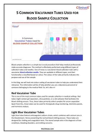 5 Common Vacutainer Tubes Used for Blood Sample Collection