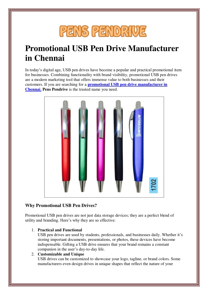 promotional usb pen drive manufacturer in chennai