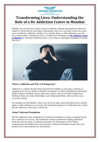 De Addiction Centre in Mumbai by Yashwant Foundation