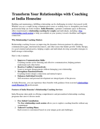 Transform Your Relationships with Coaching at India Houseinc