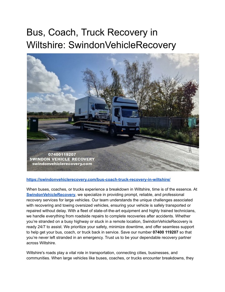 bus coach truck recovery in wiltshire