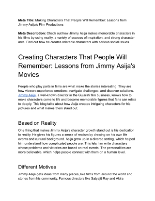 Creating Characters That People Will Remember: Lessons from Jimmy Asija's Movies