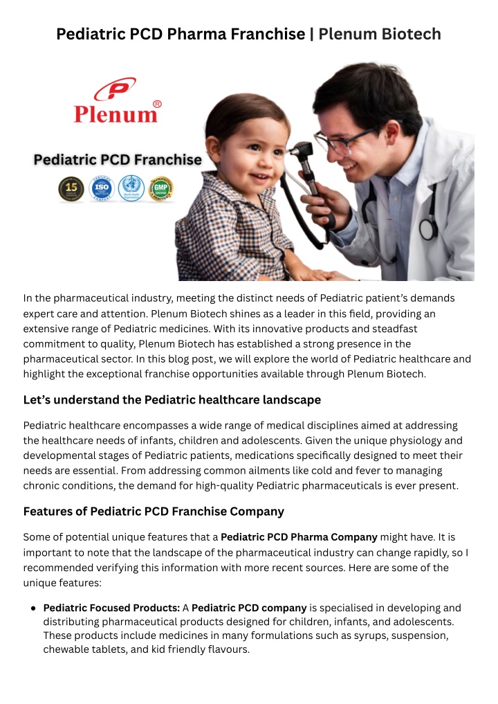 pediatric pcd pharma franchise plenum biotech