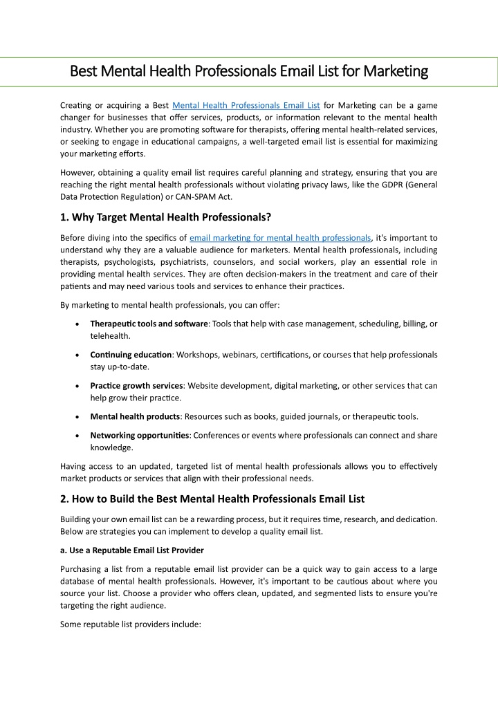 best mental health professionals email list