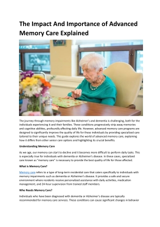 The Impact And Importance of Advanced Memory Care Explained