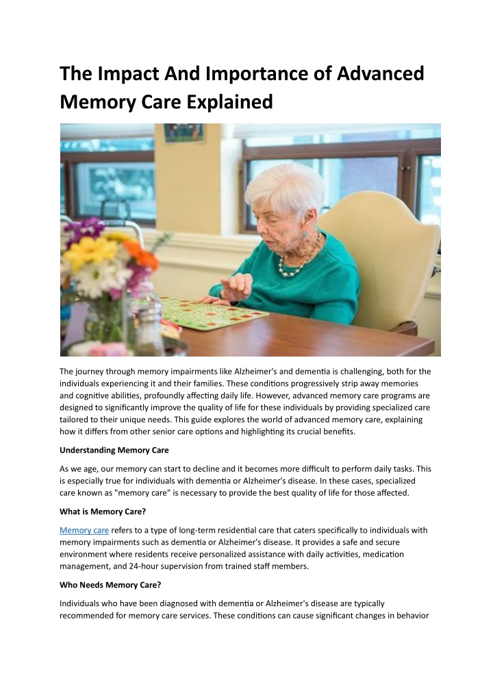 the impact and importance of advanced memory care