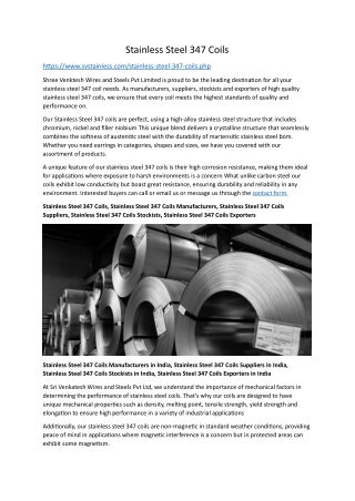 Stainless Steel 347 Coils Suppliers in India