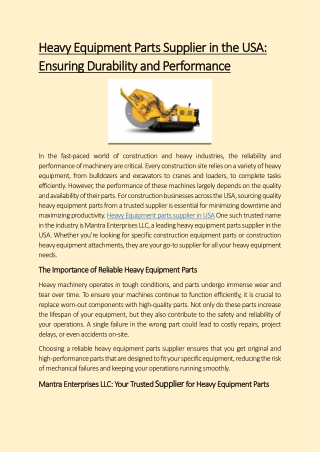 Heavy Equipment Parts Supplier in the USA