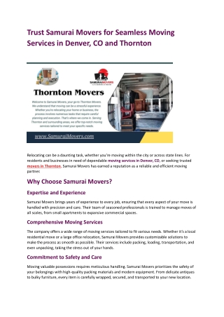 Trust Samurai Movers for Seamless Moving Services in Denver, CO and Thornton