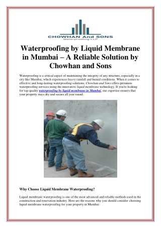 Waterproofing by Liquid Membrane in Mumbai – A Reliable Solution by Chowhan and