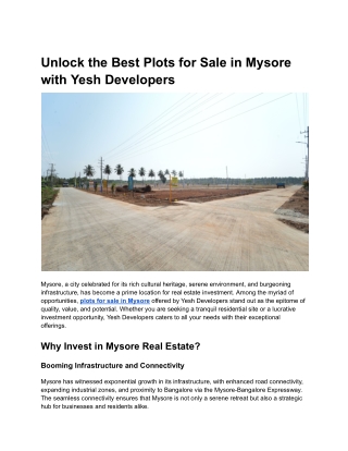 Unlock the Best Plots for Sale in Mysore with Yesh Developers