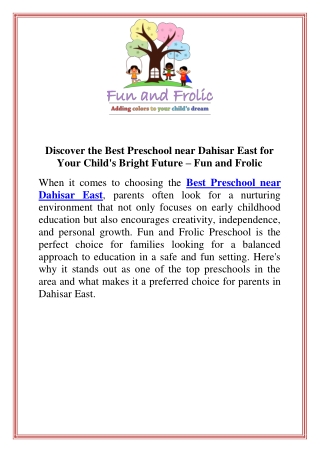 Discover the Best Preschool near Dahisar East for Your Child's Bright Future  Fun and Frolic