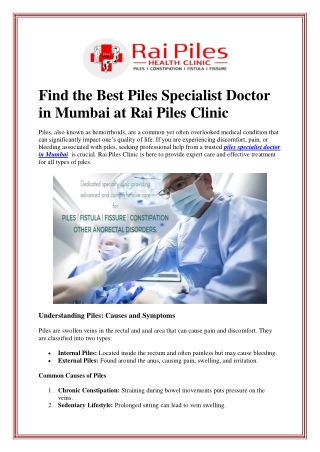 Find the Best Piles Specialist Doctor in Mumbai at Rai Piles Clinic