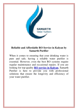 Reliable and Affordable RO Service in Kalyan by Samarth Purifier