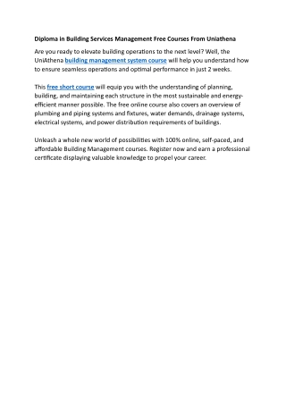 Diploma in Building Services Management Free Courses From Uniathena